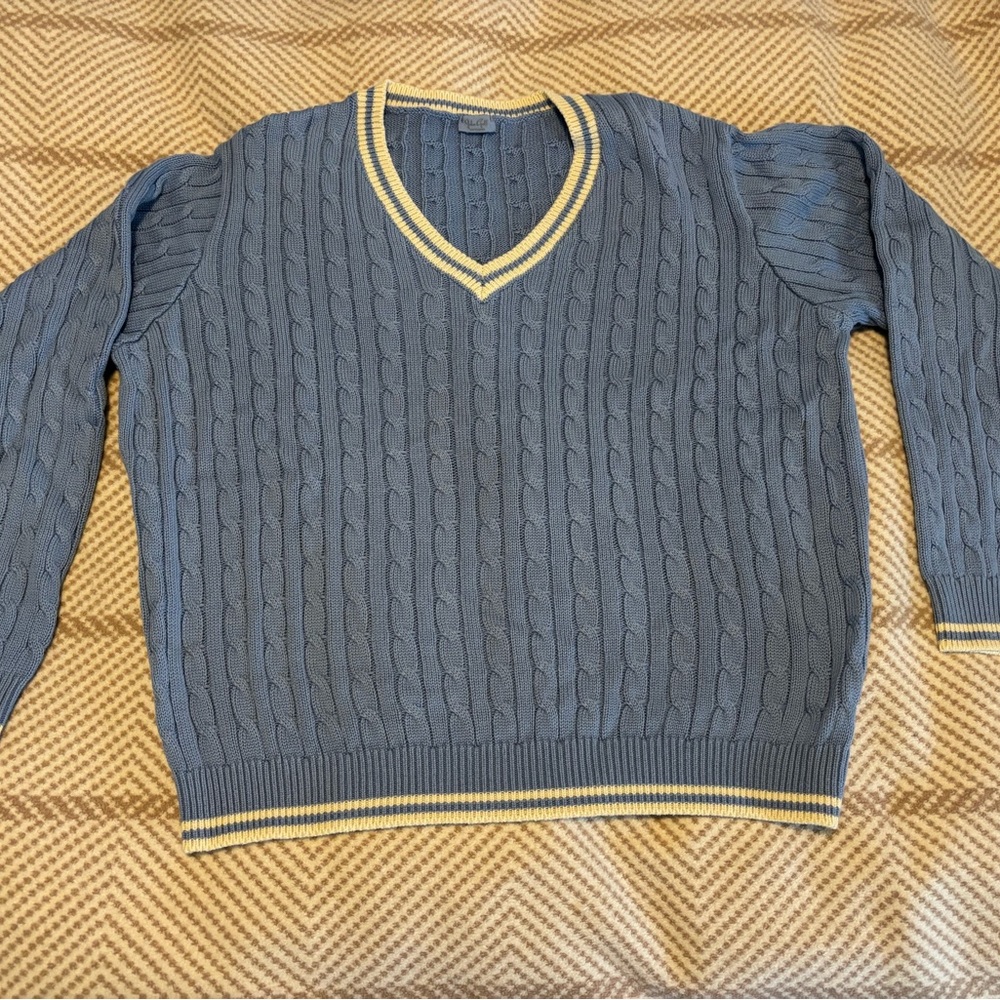 John Galt preppy blues cable knit sweater with white trim.  One size